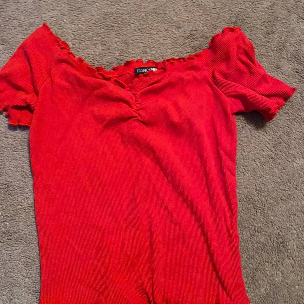 bright red off the shoulder top